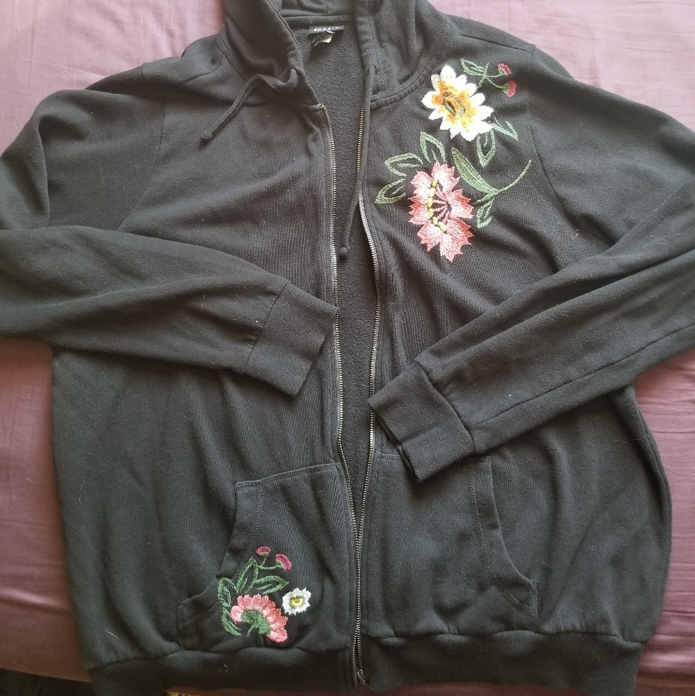 Soft black floral embroidered hoodie